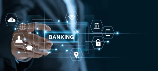 Betriebswirtschaftslehre und Management – Vertiefung Banking | Geschäftsleute, die eine Wortbank in Hand halten mit einer Icon-Netzwerkverbindung auf einem virtuellen Bildschirm, dunkler Hintergrund